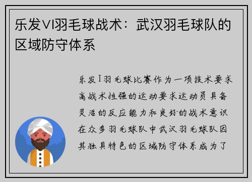 乐发∨I羽毛球战术：武汉羽毛球队的区域防守体系