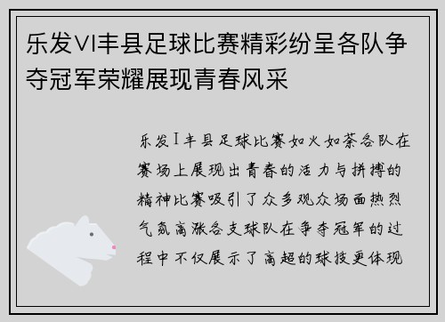 乐发∨I丰县足球比赛精彩纷呈各队争夺冠军荣耀展现青春风采