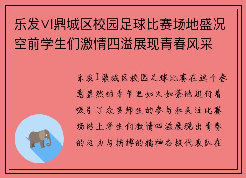 乐发∨I鼎城区校园足球比赛场地盛况空前学生们激情四溢展现青春风采