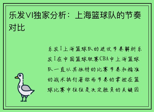 乐发∨I独家分析：上海篮球队的节奏对比